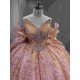 Mumuleo 2026 Rose Gose Lace Off-Shoulder Appliques Bow Natural Waist Embroidered Quinceanera Ball Gown Dress with Sweep Train