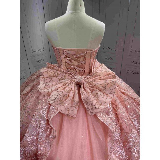 Mumuleo 2026 Rose Gose Lace Off-Shoulder Appliques Bow Natural Waist Embroidered Quinceanera Ball Gown Dress with Sweep Train