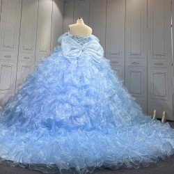 Mumuleo Sky Blue Quinceanera Dresses Satin Print Appliques Bow Natural Waist Teenagers Knitted Sweep Train Good Quality Low