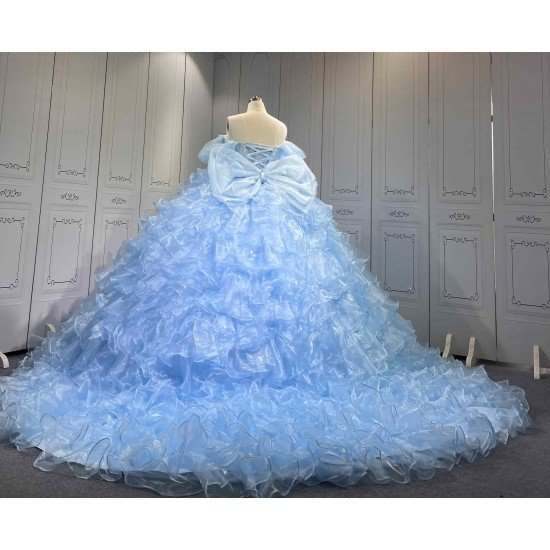 Mumuleo Sky Blue Quinceanera Dresses Satin Print Appliques Bow Natural Waist Teenagers Knitted Sweep Train Good Quality Low