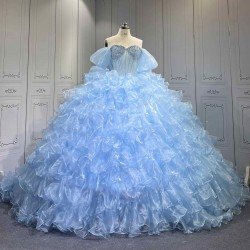 Mumuleo Sky Blue Quinceanera Dresses Satin Print Appliques Bow Natural Waist Teenagers Knitted Sweep Train Good Quality Low