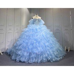 Mumuleo Sky Blue Quinceanera Dresses Satin Print Appliques Bow Natural Waist Teenagers Knitted Sweep Train Good Quality Low