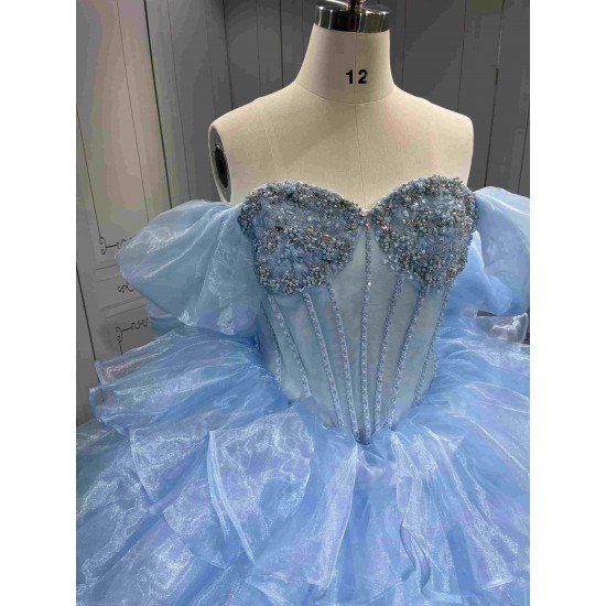 Mumuleo Sky Blue Quinceanera Dresses Satin Print Appliques Bow Natural Waist Teenagers Knitted Sweep Train Good Quality Low