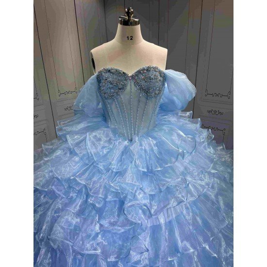 Mumuleo Sky Blue Quinceanera Dresses Satin Print Appliques Bow Natural Waist Teenagers Knitted Sweep Train Good Quality Low
