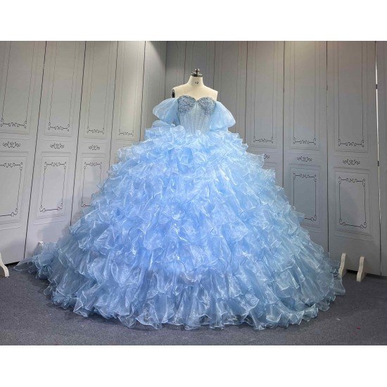 Mumuleo Sky Blue Quinceanera Dresses Satin Print Appliques Bow Natural Waist Teenagers Knitted Sweep Train Good Quality Low