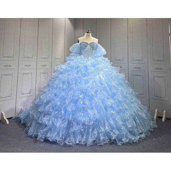 Mumuleo Sky Blue Quinceanera Dresses Satin Print Appliques Bow Natural Waist Teenagers Knitted Sweep Train Good Quality Low