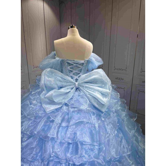 Mumuleo Sky Blue Quinceanera Dresses Satin Print Appliques Bow Natural Waist Teenagers Knitted Sweep Train Good Quality Low