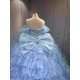 Mumuleo Sky Blue Quinceanera Dresses Satin Print Appliques Bow Natural Waist Teenagers Knitted Sweep Train Good Quality Low