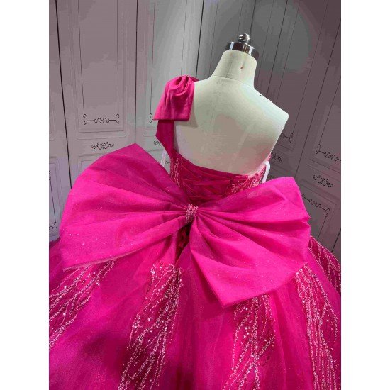 Mumuleo Modern Fuchsia Quinceanera Dress Satin Knitted Lace Appliques Bow Natural Waist Floor-Length Sweep Train Large Size
