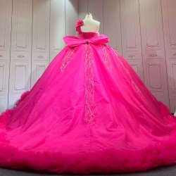 Mumuleo Modern Fuchsia Quinceanera Dress Satin Knitted Lace Appliques Bow Natural Waist Floor-Length Sweep Train Large Size