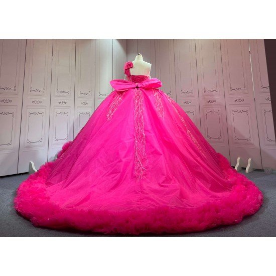 Mumuleo Modern Fuchsia Quinceanera Dress Satin Knitted Lace Appliques Bow Natural Waist Floor-Length Sweep Train Large Size