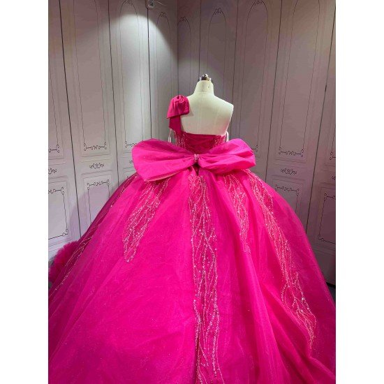 Mumuleo Modern Fuchsia Quinceanera Dress Satin Knitted Lace Appliques Bow Natural Waist Floor-Length Sweep Train Large Size