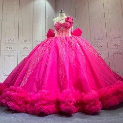 Mumuleo Modern Fuchsia Quinceanera Dress Satin Knitted Lace Appliques Bow Natural Waist Floor-Length Sweep Train Large Size