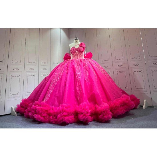 Mumuleo Modern Fuchsia Quinceanera Dress Satin Knitted Lace Appliques Bow Natural Waist Floor-Length Sweep Train Large Size