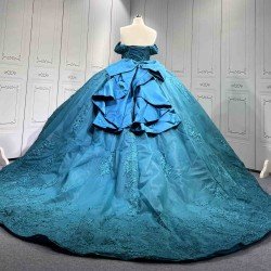 Mumuleo Modern Teal Quinceanera Dresses with Satin Knitted Fabric Natural Waist Print Appliques & Lace Bow for Outdoor Party