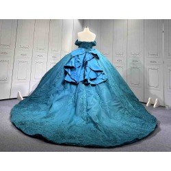 Mumuleo Modern Teal Quinceanera Dresses with Satin Knitted Fabric Natural Waist Print Appliques & Lace Bow for Outdoor Party
