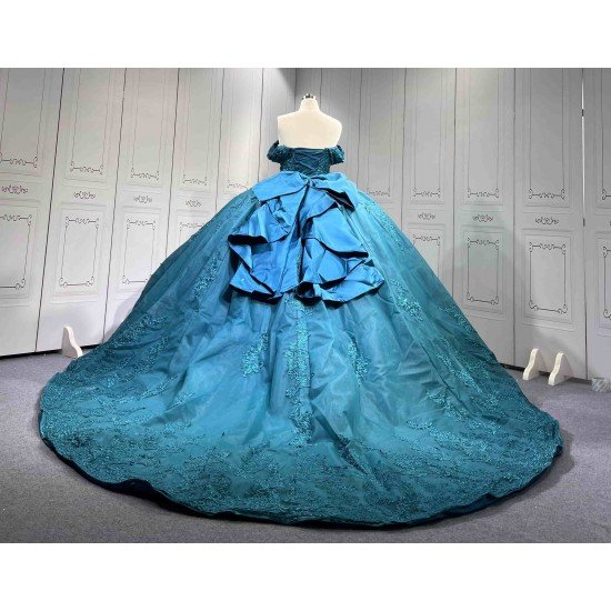Mumuleo Modern Teal Quinceanera Dresses with Satin Knitted Fabric Natural Waist Print Appliques & Lace Bow for Outdoor Party