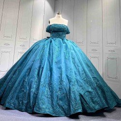 Mumuleo Modern Teal Quinceanera Dresses with Satin Knitted Fabric Natural Waist Print Appliques & Lace Bow for Outdoor Party