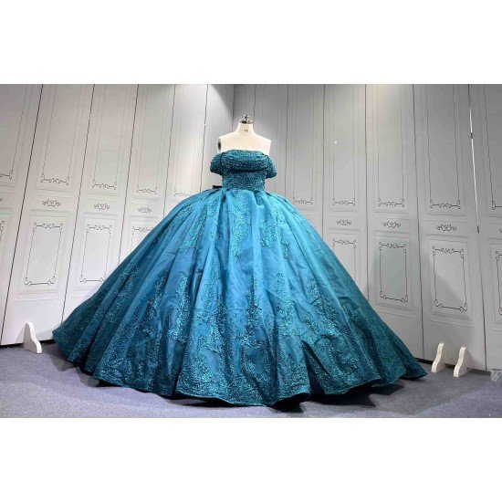 Mumuleo Modern Teal Quinceanera Dresses with Satin Knitted Fabric Natural Waist Print Appliques & Lace Bow for Outdoor Party