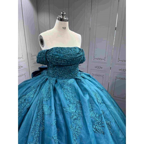 Mumuleo Modern Teal Quinceanera Dresses with Satin Knitted Fabric Natural Waist Print Appliques & Lace Bow for Outdoor Party