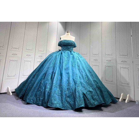 Mumuleo Modern Teal Quinceanera Dresses with Satin Knitted Fabric Natural Waist Print Appliques & Lace Bow for Outdoor Party