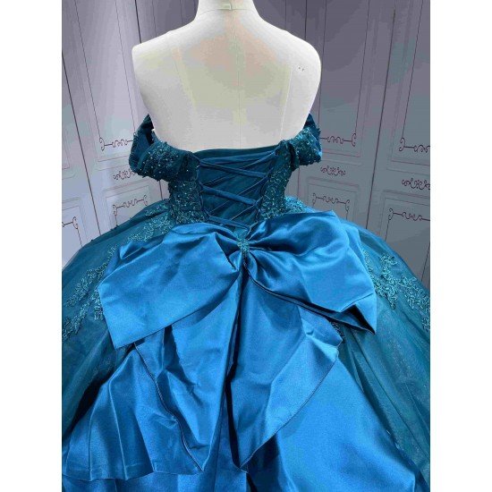 Mumuleo Modern Teal Quinceanera Dresses with Satin Knitted Fabric Natural Waist Print Appliques & Lace Bow for Outdoor Party