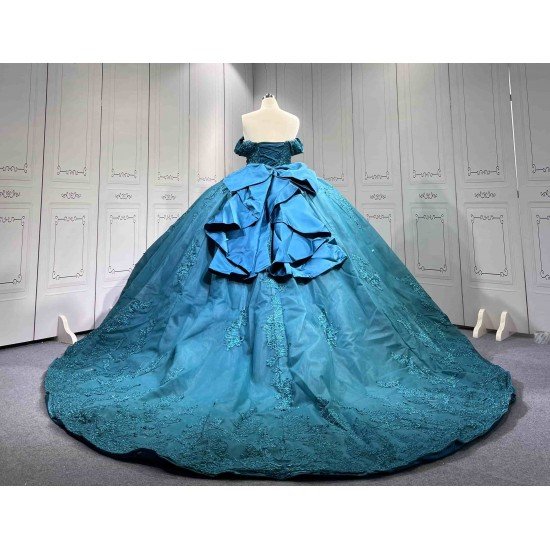 Mumuleo Modern Teal Quinceanera Dresses with Satin Knitted Fabric Natural Waist Print Appliques & Lace Bow for Outdoor Party