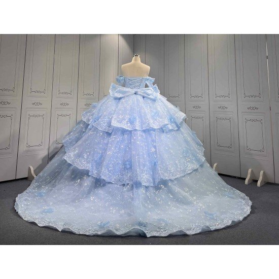 Mumuleo Sky Blue Quinceanera Dress 2027 Floor-Length Ball Gown Off-The-Shoulder Sweetheart Neckline Satin Fabric Lace Bow 3D