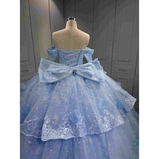 Mumuleo Sky Blue Quinceanera Dress 2027 Floor-Length Ball Gown Off-The-Shoulder Sweetheart Neckline Satin Fabric Lace Bow 3D