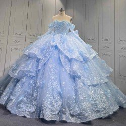 Mumuleo Sky Blue Quinceanera Dress 2027 Floor-Length Ball Gown Off-The-Shoulder Sweetheart Neckline Satin Fabric Lace Bow 3D