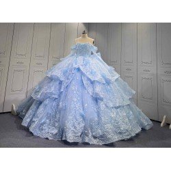Mumuleo Sky Blue Quinceanera Dress 2027 Floor-Length Ball Gown Off-The-Shoulder Sweetheart Neckline Satin Fabric Lace Bow 3D
