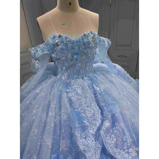 Mumuleo Sky Blue Quinceanera Dress 2027 Floor-Length Ball Gown Off-The-Shoulder Sweetheart Neckline Satin Fabric Lace Bow 3D