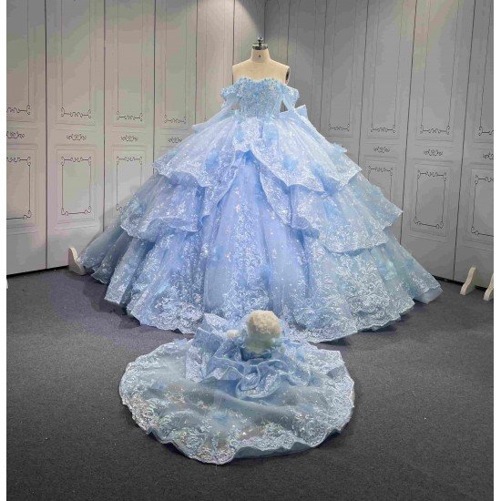 Mumuleo Sky Blue Quinceanera Dress 2027 Floor-Length Ball Gown Off-The-Shoulder Sweetheart Neckline Satin Fabric Lace Bow 3D