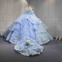 Mumuleo Sky Blue Quinceanera Dress 2027 Floor-Length Ball Gown Off-The-Shoulder Sweetheart Neckline Satin Fabric Lace Bow 3D