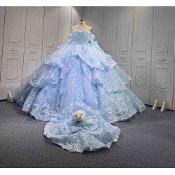 Mumuleo Sky Blue Quinceanera Dress 2027 Floor-Length Ball Gown Off-The-Shoulder Sweetheart Neckline Satin Fabric Lace Bow 3D