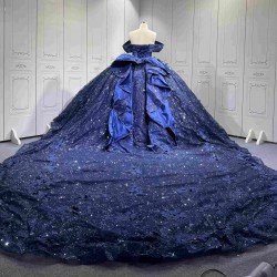 Mumuleo Navy Quinceanera Ball Gown Floor-Length Modern Dress for Teenagers Flowers Satin Fabric Natural Cathedral Train