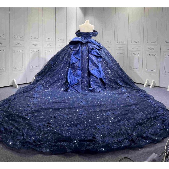 Mumuleo Navy Quinceanera Ball Gown Floor-Length Modern Dress for Teenagers Flowers Satin Fabric Natural Cathedral Train