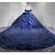 Mumuleo Navy Quinceanera Ball Gown Floor-Length Modern Dress for Teenagers Flowers Satin Fabric Natural Cathedral Train