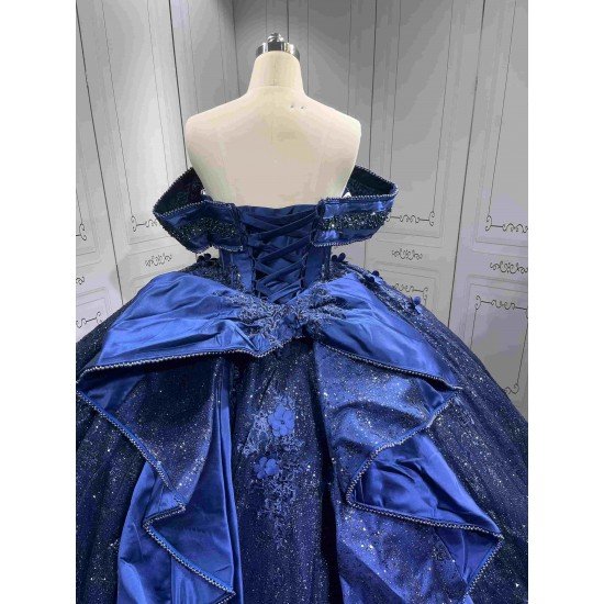 Mumuleo Navy Quinceanera Ball Gown Floor-Length Modern Dress for Teenagers Flowers Satin Fabric Natural Cathedral Train