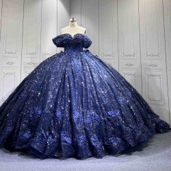 Mumuleo Navy Quinceanera Ball Gown Floor-Length Modern Dress for Teenagers Flowers Satin Fabric Natural Cathedral Train