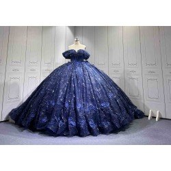Mumuleo Navy Quinceanera Ball Gown Floor-Length Modern Dress for Teenagers Flowers Satin Fabric Natural Cathedral Train