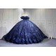 Mumuleo Navy Quinceanera Ball Gown Floor-Length Modern Dress for Teenagers Flowers Satin Fabric Natural Cathedral Train