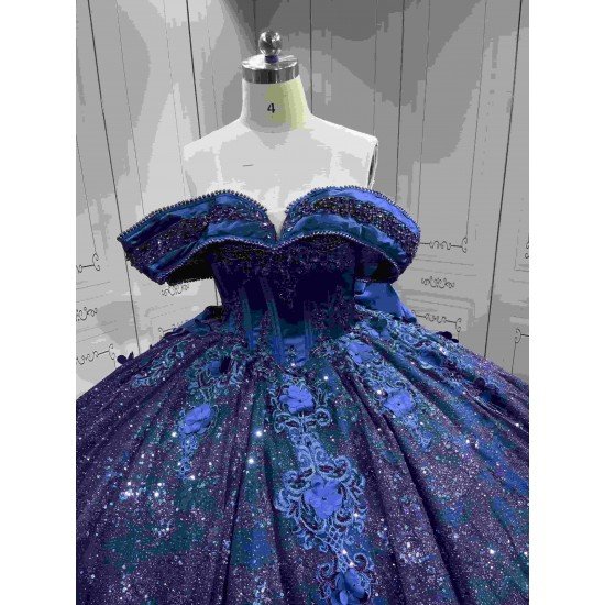 Mumuleo Navy Quinceanera Ball Gown Floor-Length Modern Dress for Teenagers Flowers Satin Fabric Natural Cathedral Train