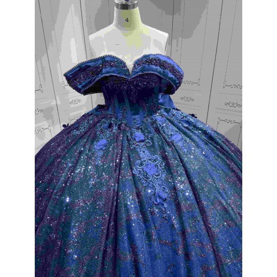 Mumuleo Navy Quinceanera Ball Gown Floor-Length Modern Dress for Teenagers Flowers Satin Fabric Natural Cathedral Train