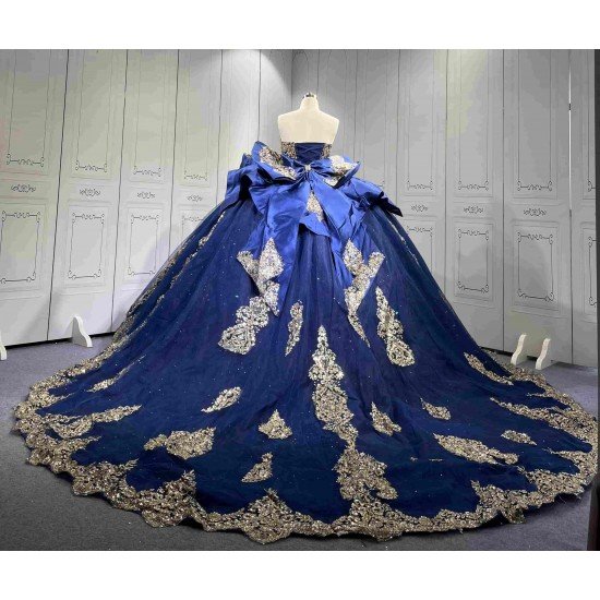 Mumuleo Navy & Gold Quinceanera Floor-Length Ball Gown Dresses with Cape Sweetheart Neckline Sweep Train Shoulder 100% Polyester