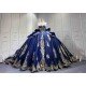 Mumuleo Navy & Gold Quinceanera Floor-Length Ball Gown Dresses with Cape Sweetheart Neckline Sweep Train Shoulder 100% Polyester
