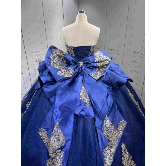Mumuleo Navy & Gold Quinceanera Floor-Length Ball Gown Dresses with Cape Sweetheart Neckline Sweep Train Shoulder 100% Polyester