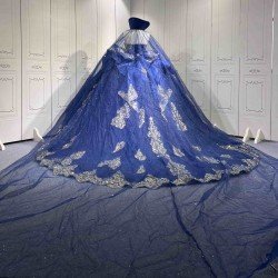 Mumuleo Navy & Gold Quinceanera Floor-Length Ball Gown Dresses with Cape Sweetheart Neckline Sweep Train Shoulder 100% Polyester