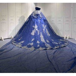 Mumuleo Navy & Gold Quinceanera Floor-Length Ball Gown Dresses with Cape Sweetheart Neckline Sweep Train Shoulder 100% Polyester