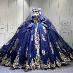 Mumuleo Navy & Gold Quinceanera Floor-Length Ball Gown Dresses with Cape Sweetheart Neckline Sweep Train Shoulder 100% Polyester